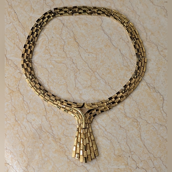 Vintage Trifari Art Deco Gold Tone Chain Tassel Chunky Necklace Choker - Picture 4 of 12